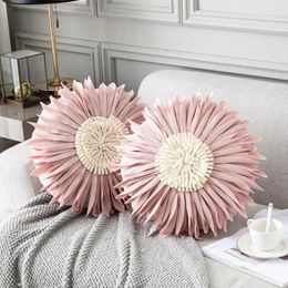 Pillow Round Pillows Case Modern Cover For Car White Velvet Stitching Throw Home Decor 3D Chrysanthemum