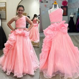 Pink Girl Pageant Dress Ruffle Ruched Organza Ballgown Little Kid Birthday Formal Cocktail Party Gown Infant Toddler Teens Preteen Tiny Young Junior One-Shoulder