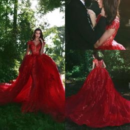 Dress Arabic Red Long Sleeves Lace Appliques Sequins Mermaid Prom Dresses With Overskirt Vintage Formal Tail Evening Party Gowns es