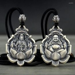 Chains Vintage 925 Silver Guanyin Faceted Pendant Mens And Women Solid Maitreya Lotus National Style Charm Necklace Jewellery Gift
