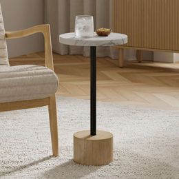 Circular Beverage Modern Home, Bedroom, and Living Room Furniture - Small Metal Edge Table with Cylindrical Light Brown Base (artificial Marble Top)