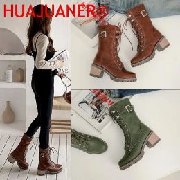 Boots HUAJUANER 2022 Big Size 45 Winter Shoes Women Fashion nonslip Shoelaces Motorcycles Boots