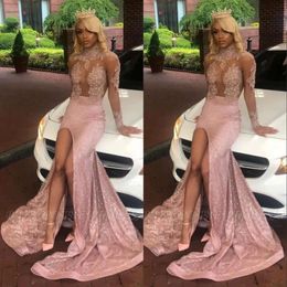 Long Sleeve Sparkly Split Side Dresses Pink High Neck Sequined Applique Lace Prom Gowns For African Girls