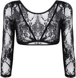 Women's T Shirts S-3XL Lace Floral Sleevey See Through Under Blouse Shrug Crop Top Three-Quarter Sleeve Black/White