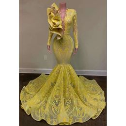 Lace Sequins Yellow Mermaid Prom Party Dresses Sheer Neck Long Sleeves Plus Size Formal Evening Ocn Gowns Vestidos De Novia