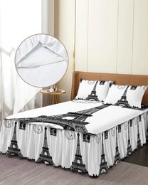 Bed Skirt Eiffel Tower Retro Vintage Stamp Black White Fitted Bedspread With Pillowcases Mattress Cover Bedding Set Sheet