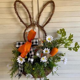 Decorative Flowers 45cm Ear Door Wreath With Carrots Daisies Faux Rattan Pendant Creative Handmade Easter Festival Party