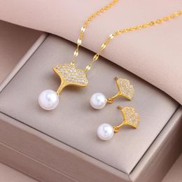 Necklace Earrings Set Sparkly Zircon Crystal Ginkgo Leaf Pearl For Women Female Daily Wear Stainless Steel Jewellery Wholesale
