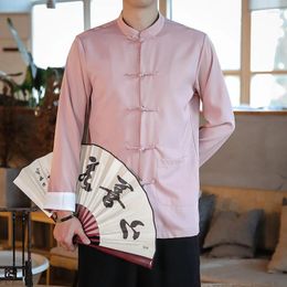 Ethnic Clothing Solid Color Tang Suit Chinese Men's Long-sleeved Stand-up Collar Shirt Male Hanfu Jacket With Pocket Brand Tai Chi Zen