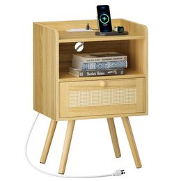 SUPERJARE Charging Station and Shaped Decorative Drawers, Rattan Solid Wood Legs, Bedside Table with Open Storage Space, Suitable for Bedrooms, Living Rooms,