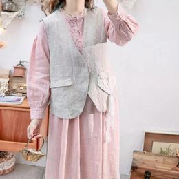 Women's Vests 96cm Bust Spring Autumn Women All-match Japan Style Mori Kei Embroidered Loose Plus Size Comfortable Linen