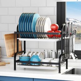 Kitchen Storage 2 Tier Dish Drainer With Drainboard Rack Large Capacity Bowl Draining Saving Space For Countertop