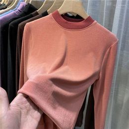 Women's T Shirts Slim High Quality Thin Fleece Colour Matching Shirt Women Casual Elastic O-neck Long Sleeve Korean Style Bottoming