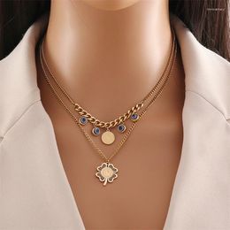 Necklace Earrings Set 316L Stainless Steel Fashion Fine Jewellery Eye Coin Flowers 2-Layer Charm Chain Choker Necklaces For Women