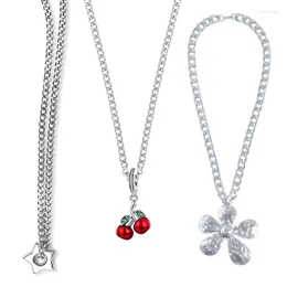 Pendant Necklaces Pentagrams Necklace Stainless Steel Cherry/Flower Choker Clavicle Chain 28TF