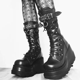 Boots 2023 Autumn Winter Sale Punk Halloween Witch Cosplay Platform High Wedges Heels Black Gothic Calf Boots Women Shoes Big Size 43