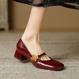 Dress Shoes Spring Women Pumps Patent Leather For Square Toe Chunky Heel Metal Flower Mary Janes Plus Size Black