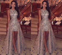 Sparkly Sequins Sheath Short Prom Dresses 2019 Jewel Neck Sleeveless Formal Party Evening Gowns With Detachable Overskirts PD884404410