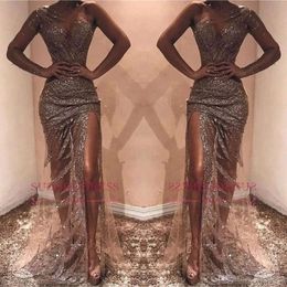 Sheath Sexy African Prom Dresses Sequined One Shoulder Long Sleeves Side Split Evening Party Gowns