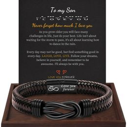 Stainless Steel Leather Bracelet To My Son To My Grandson To My Dad Braided Jewellery for Men Festival Gift Row Magnetic Closure 240307