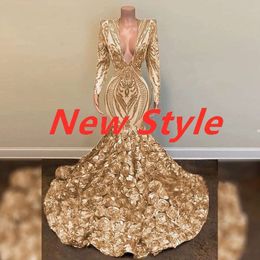 Mermaid Gold African Prom Dresses V Neck Long Sleeve Plus Size D Rose Evening Dress Elegant Formal Party Sequin Gown Black Girls Night Wear Robe Soiree Ress ress