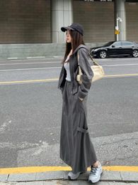 Work Dresses Girl Retro Sports Casual Suit Women's Spring Grey Hooded Sweater Coat High Waist Long Skirt Two-piece Set Female Clothes