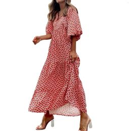 Casual Dresses Women's Geometric Printed Bubble Sleeved Deep V Neck Dress Street Oversized Clothing Women Plus-size Loose