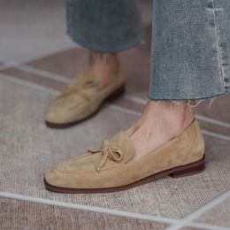 Dress Shoes Spring/Autumn Women Loafers Sheep Suede Leather For Round Toe Chunky Heel Casual Bow-knot Low Pumps