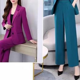 Women's Two Piece Pants Women Commute Clothes Formal Business Style Coat Suit Set With Lapel Button Closure Cardigan Wide Leg For Work