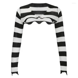 Women's T Shirts Y2K Retro Black And White Striped Colour Matching Coarse Knitted Woollen Long Sleeved Cardigan T-shirt Spicy Girl Cover Up