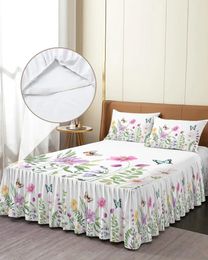 Bed Skirt Spring Flower Plant Leaf Butterfly Elastic Fitted Bedspread With Pillowcases Mattress Cover Bedding Set Sheet