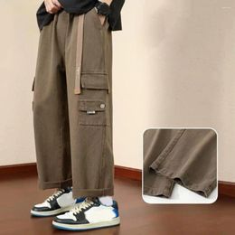 Men's Pants Men Cargo Elastic Waist Vintage Loose Multi Pockets Strap Sweatpants Solid Colour High Street Daily Sports Hip Hop Trousers