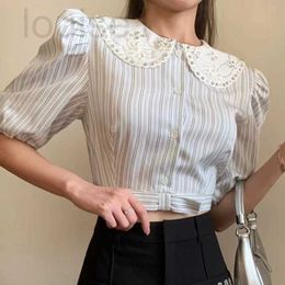 Women's T-shirt Designer Brand Summer New Miu Striped Shirt with Diamond Inlaid Doll Neck Bubble Sleeve Short for Sweet and Cute Sleeved Top PAVX