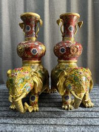 Decorative Figurines 14"Tibetan Temple Collection Old Bronze Cloisonne Enamel Peace Elephant Statue Vase A Pair Incensory Worship Hall Town