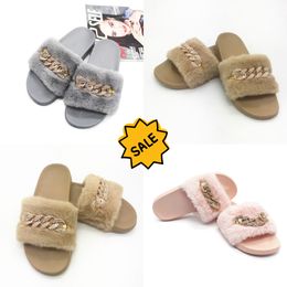 2024 Fashions In stock autumn and winter chain flash diamond fluffy slippers indoor and outdoor fluffy flat warm flip-flops Size 36-41