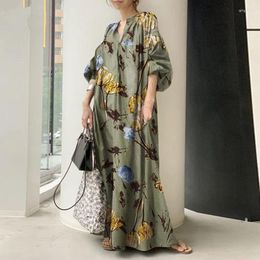 Ethnic Clothing Cotton Linen Printed V-Neck Dress For Women Islamic Arab Loose Casual Long Dresses Oversized Short Sleeve Pullover