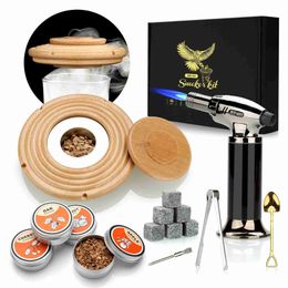 Bar Tools Cocktail Smoker Kit With Torch 4 Wood Chips Whiskey Stones Spoon Ice Tong Smoker Accessories Without Butane For Bartender 240322