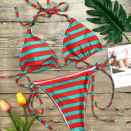 Womens Swimwear Striped Bikini Strings Halter Swimsuit Bathing Suit Y2k Women 2 Piece Strappy Beach Outfit Micro Thong Triangle Bikinis