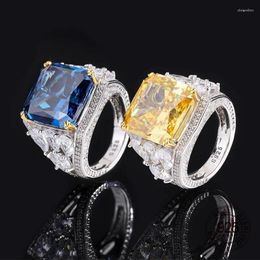Cluster Rings 14x14mm Square Shape Blue Yellow Color Crushed Cut High Carbon Diamond 925 Sterling Silver Big Ring