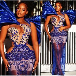 EBI Royal Aso Arabic Blue Prom Dresses Pärled Crystals Manthing Evening Formal Party Second Reception Birthday Engagement Gowns Dress ZJ