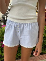 Lace Patchwork Stripes Shorts Women Cotton Buttons Elastic High Waist Casual Straight Short Pants Sweet Bow Summer Sweatshorts 240322