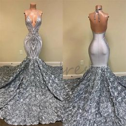 Gorgeous Mermaid 3D Florals Prom Dresses For Black Women Sexy Halter Backless Sequins African Nigeria Evening Gowns 2024 Deep V Neck Ceremony Formal Occasion Party