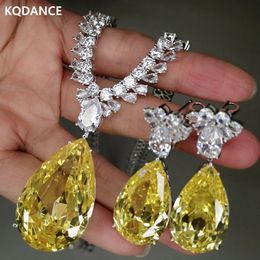 KQDANCE Large Lab Crystal Royal Diamond Chain Necklace Long Earrings With Yellow Stone Bridal Jewelry Set For Woman 240229