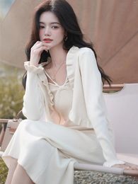 Work Dresses Autumn Korea Women Knitted 2PCS Dress Suit Casual Solid Cardigan Coat High Waist A Line Halter Sleeveless Slim Outfits