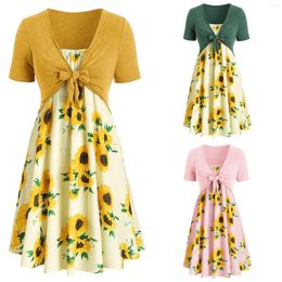 Casual Dresses Elegant Women Sunflower Print Skirt Set Solid Top V Neck Short Sleeve Bowknot Dress Pleated Ladies Homewear