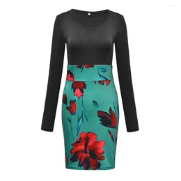 Casual Dresses Fashion Splicing Floral Print Pencil Ladies O Neck Slim Fit Long Sleeve Dress Plus Size Cocktail Party 5xl Ropa