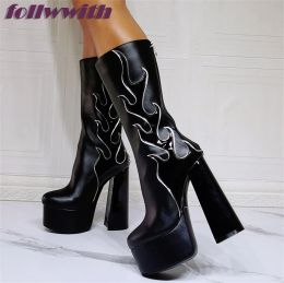 Boots Flame Sewing Decoration Back Zipper Boots Platform Chunky Heel Solid Stiletto Heel Pointed Toe Ankle 2022 Hot Sale Winter Shoes