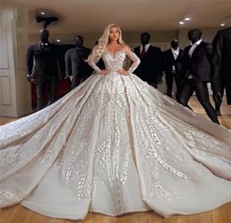 Sheer VNeck Wedding Dresses Couture Long Sleeves Middle East Ball Gown Wedding Dresses Robe De Mariee Dubai Kaftans Vestido De No1917008