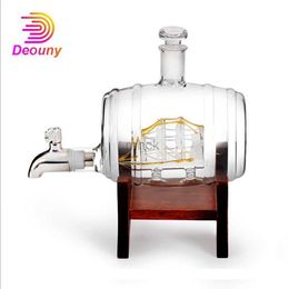 Bar Tools DEOUNY Glass Barrel Whiskey Decanter Nautical Liquor Dispenser Lead Free Beer Decanter For Bourbon Rum Brandy Decoration 1000ml 240322
