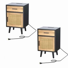 Irontar Rattan 2-piece Set, Charging Station, Bedside Drawers in Bedroom, Coffee Table with USB Port Socket Door, Magazine Rack, Black and Natural BZZ005ME02